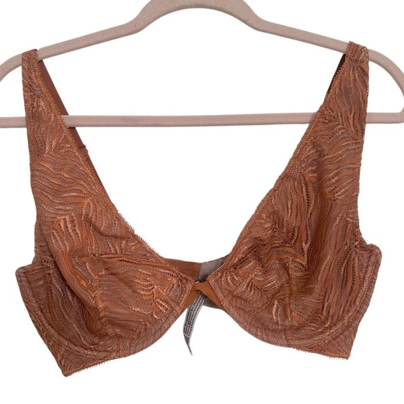 Victoria’s Secret Unlined Plunge Bra 38D Lace Camel Brown Underwire Neutral Tan - Picture 3 of 6